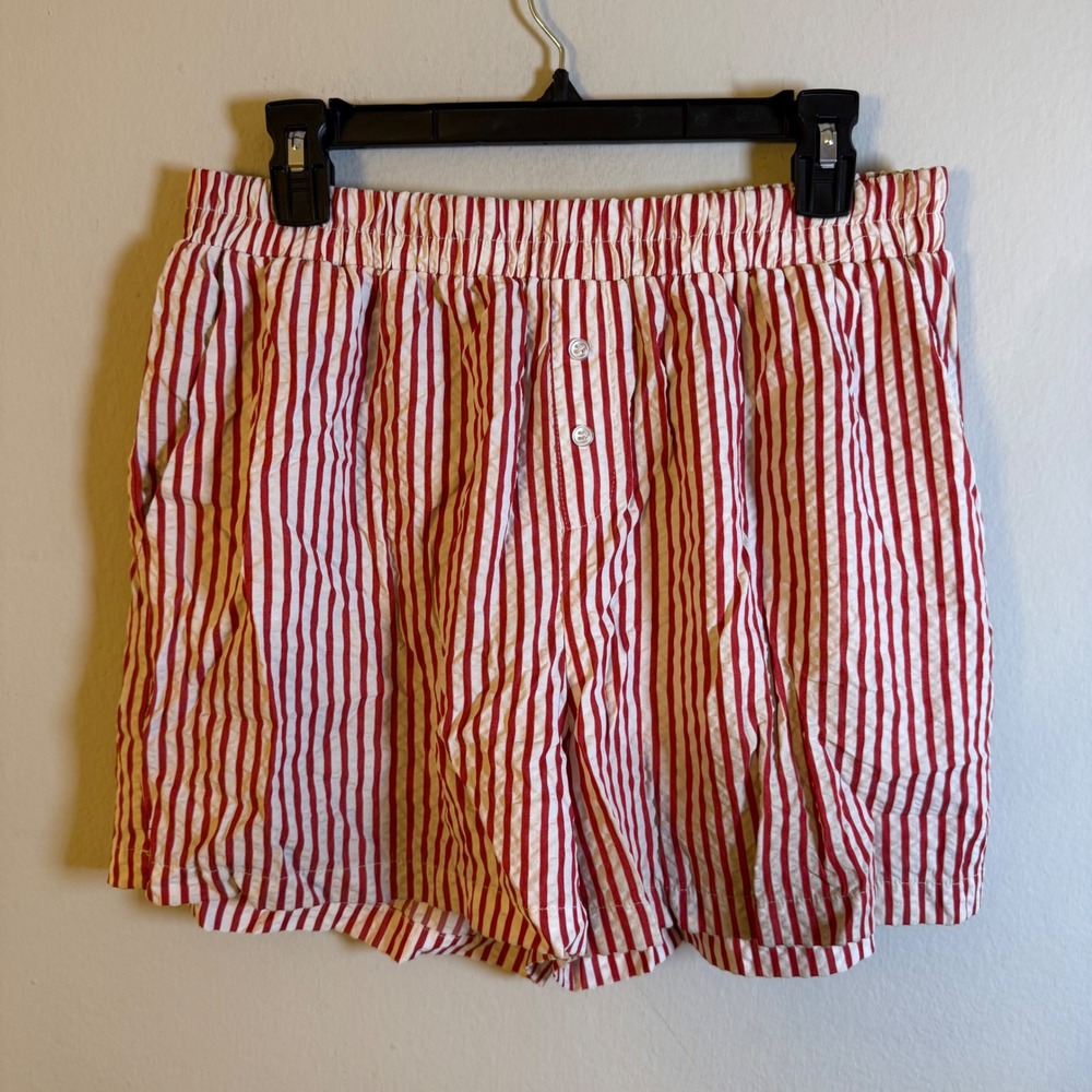 HG‎ Red White Striped Elastic Waist Shorts XL Women Relaxed Fit Pockets Rayon